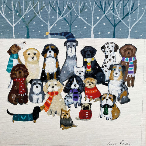 Christmas cards by Louise Rawlings. A group of big and small funny dogs wearing Christmas hats and jumpers in the snow.