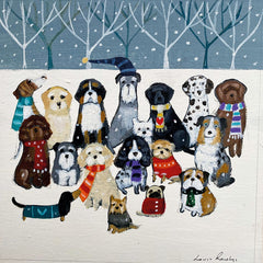 Christmas cards by Louise Rawlings. A group of big and small funny dogs wearing Christmas hats and jumpers in the snow.