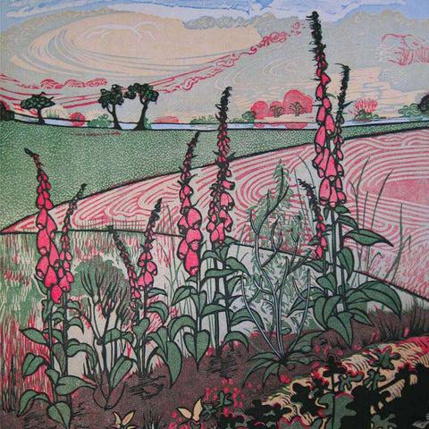 Art Greeting Card, Countryside landscape with pink foxgloves