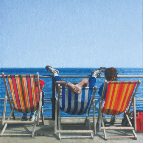 Three Deckchairs Feet Up by Andy Wood, Fine Art Greeting Card, RBA range, Three deckchairs and sea view, one person with their feet up on rail