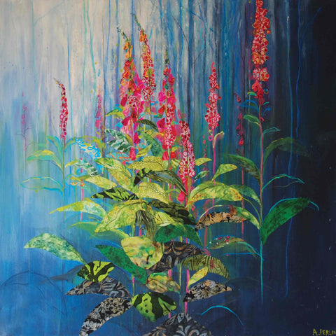 Art Greeting Card by Anna Perlin, Foxgloves, Mixed media, Foxgloves in woods