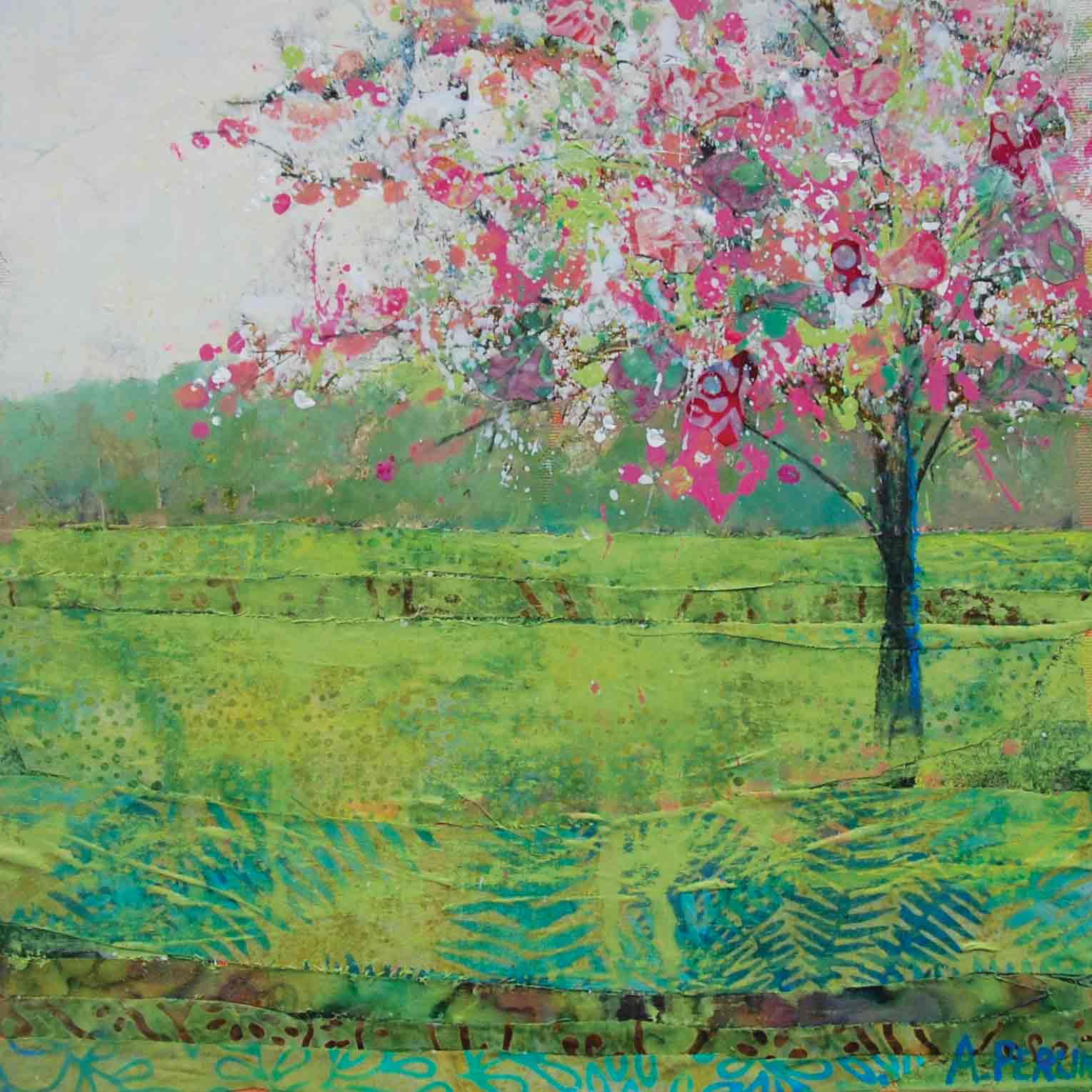 Art Greeting Card by Anna Perlin, Spring at Last, Mixed Media, Blossom tree in green field