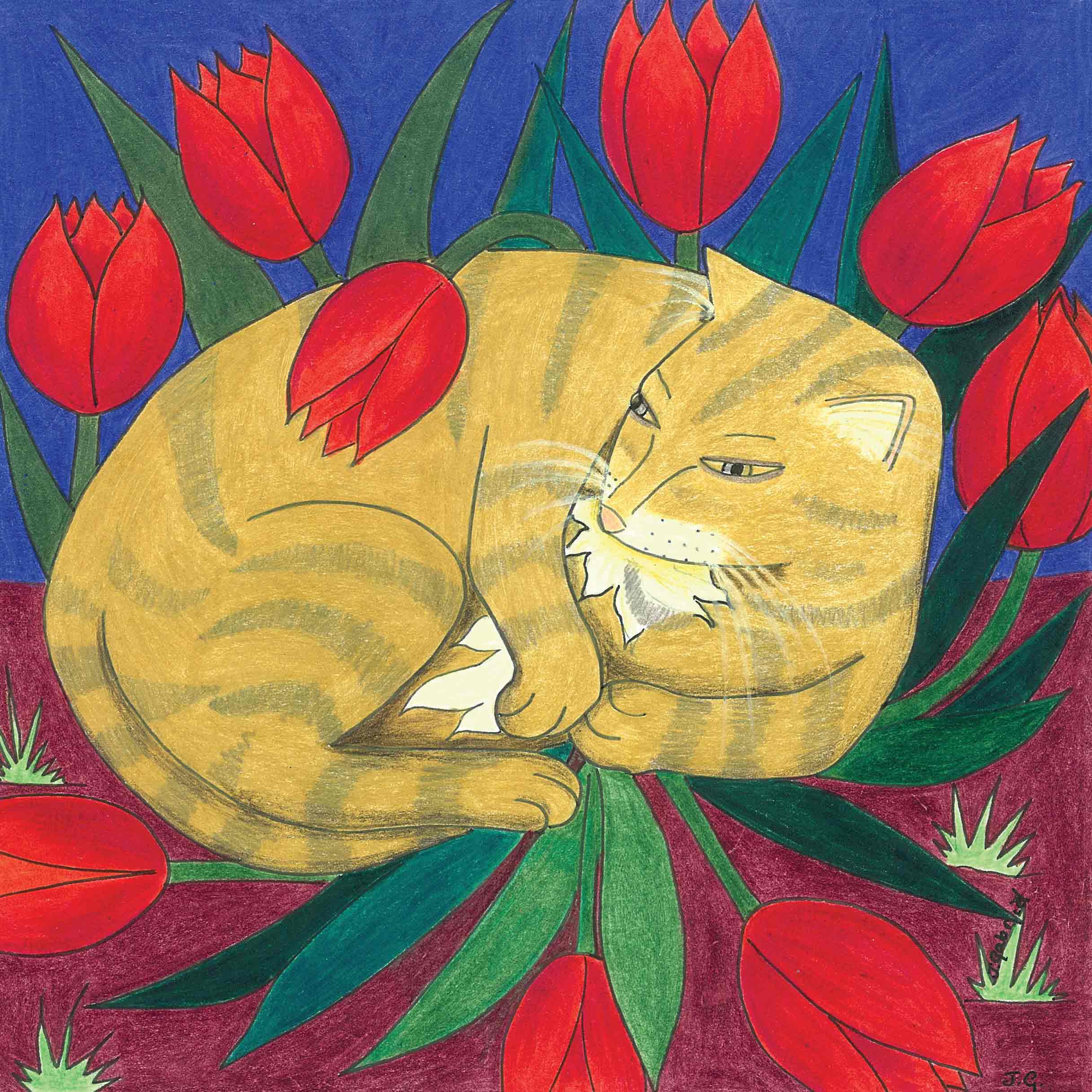 ASB06 Cat in the Tulips - Charity Card