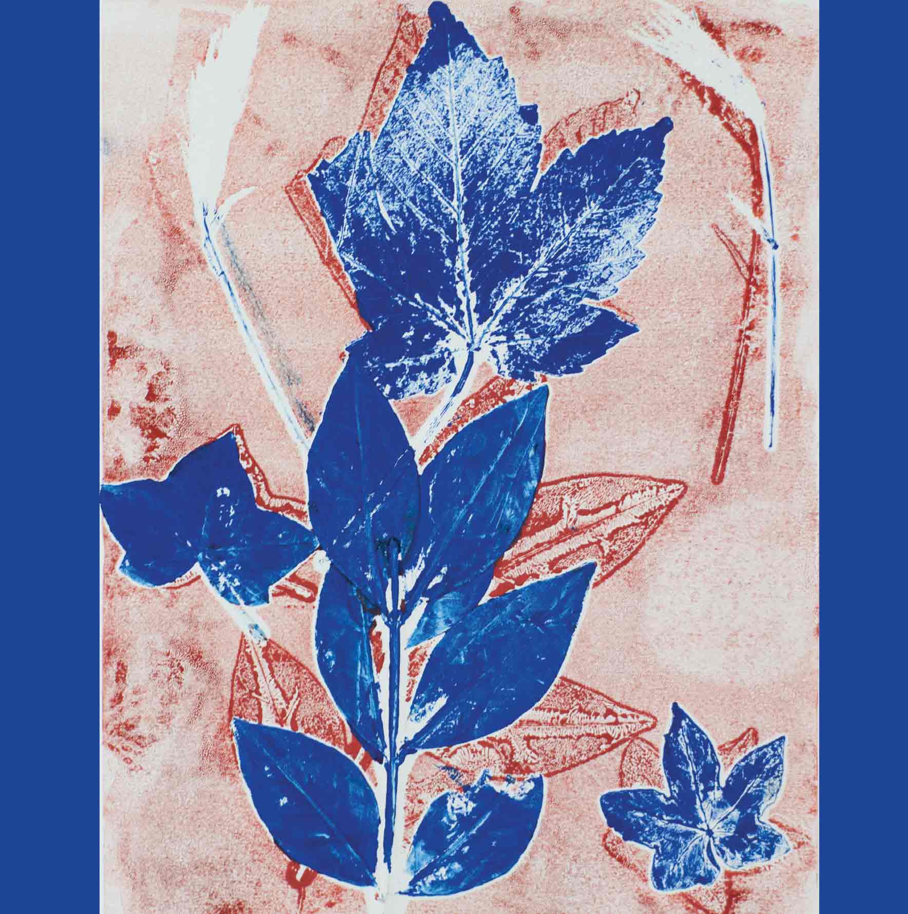 Art Greeting Card by Mel Coull, Dancing Leaves, Block print, Leaves on background