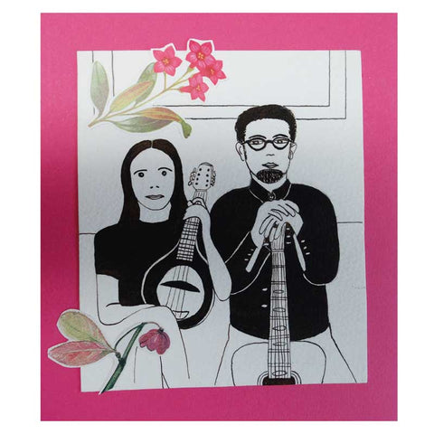 Art Greeting Card by Sophie Harris, Mixed media painting of two musicians