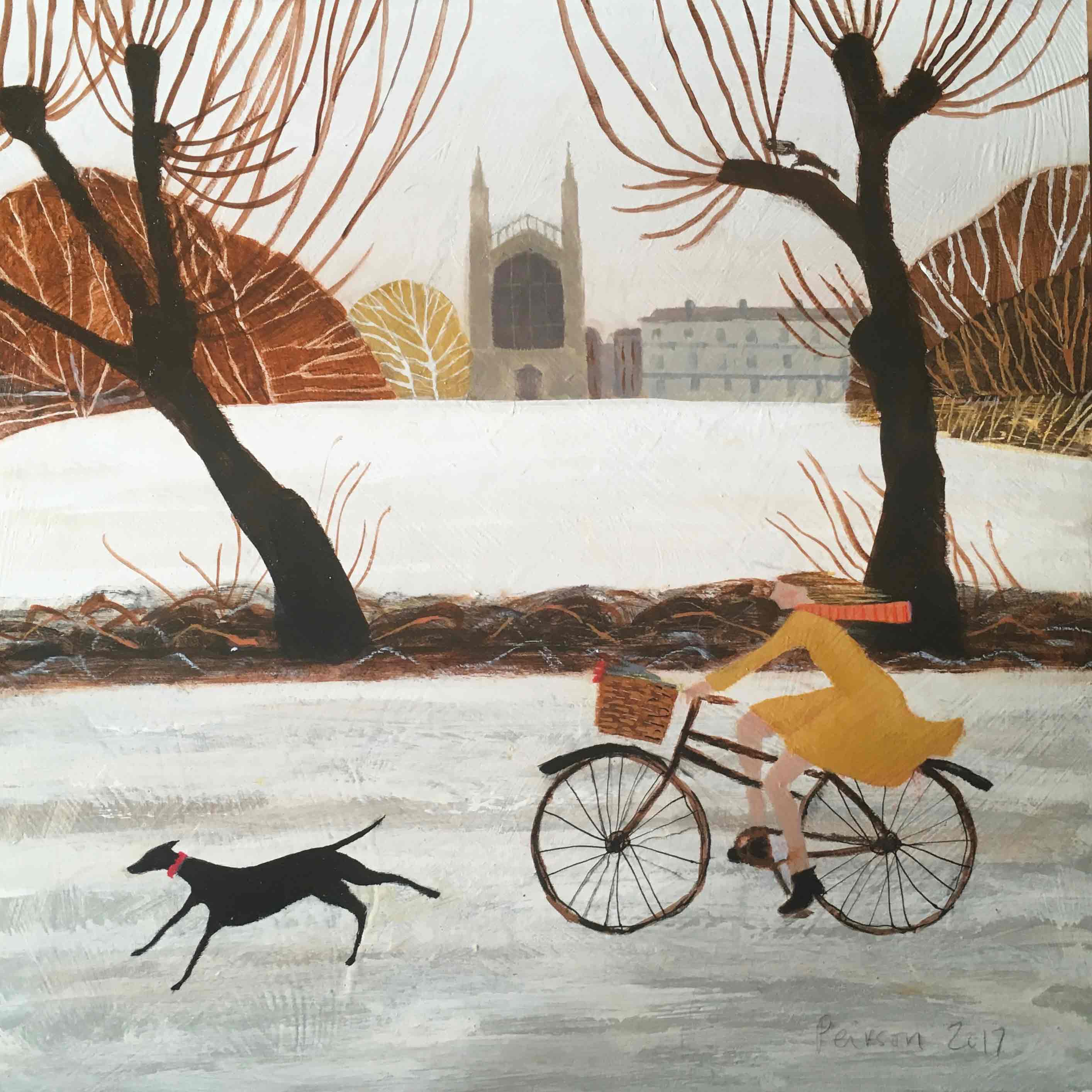 Fine Art Greeting Card by Barbara Peirson, Acrylic on Board, Woman cycling with dog in the snow