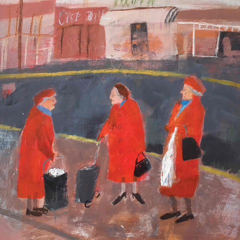 Fine Art Greeting Card by Barbara Peirson, Acrylic on Board, Three older ladies in red coats meeting in the street