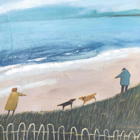 Fine Art Greeting Card by Barbara Peirson, Acrylic on Board, Dogs and owners meeting on the beach
