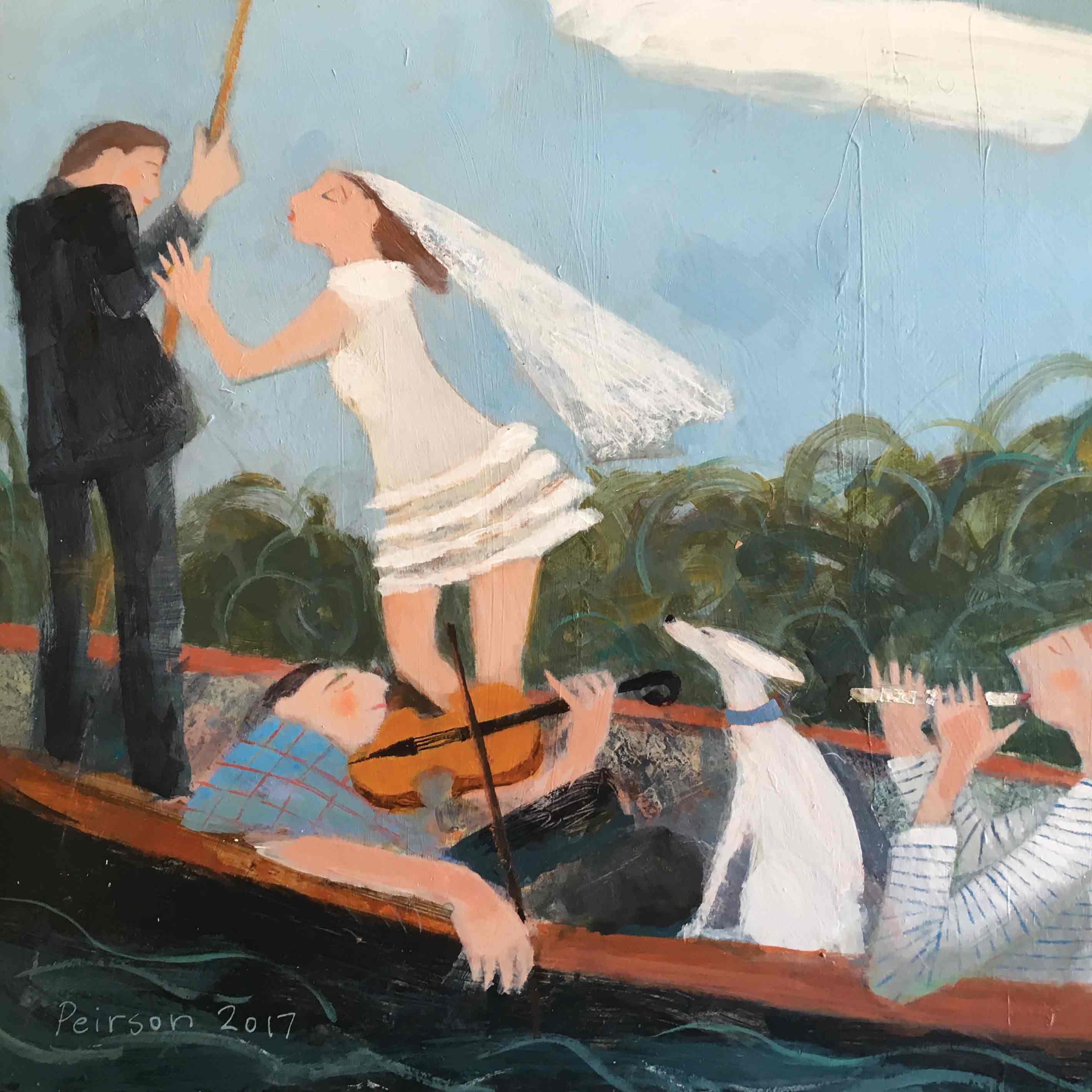 Fine Art Greeting Card by Barbara Peirson, Acrylic on Board, Wedding couple and musicians punting