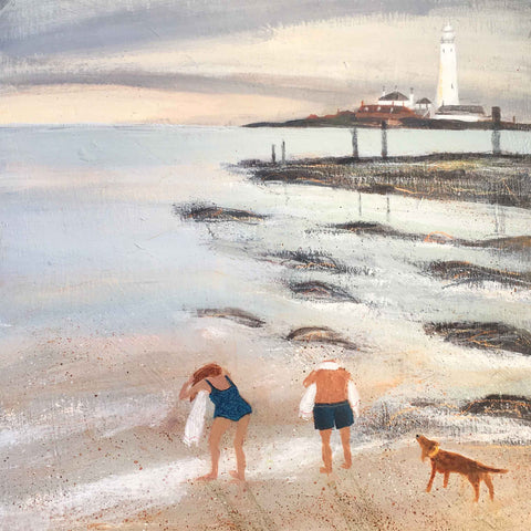 Art greeting card by Barbara Peirson, Late Afternoon Dip, acrylic on board, couple drying themselves on the beach with a dog
