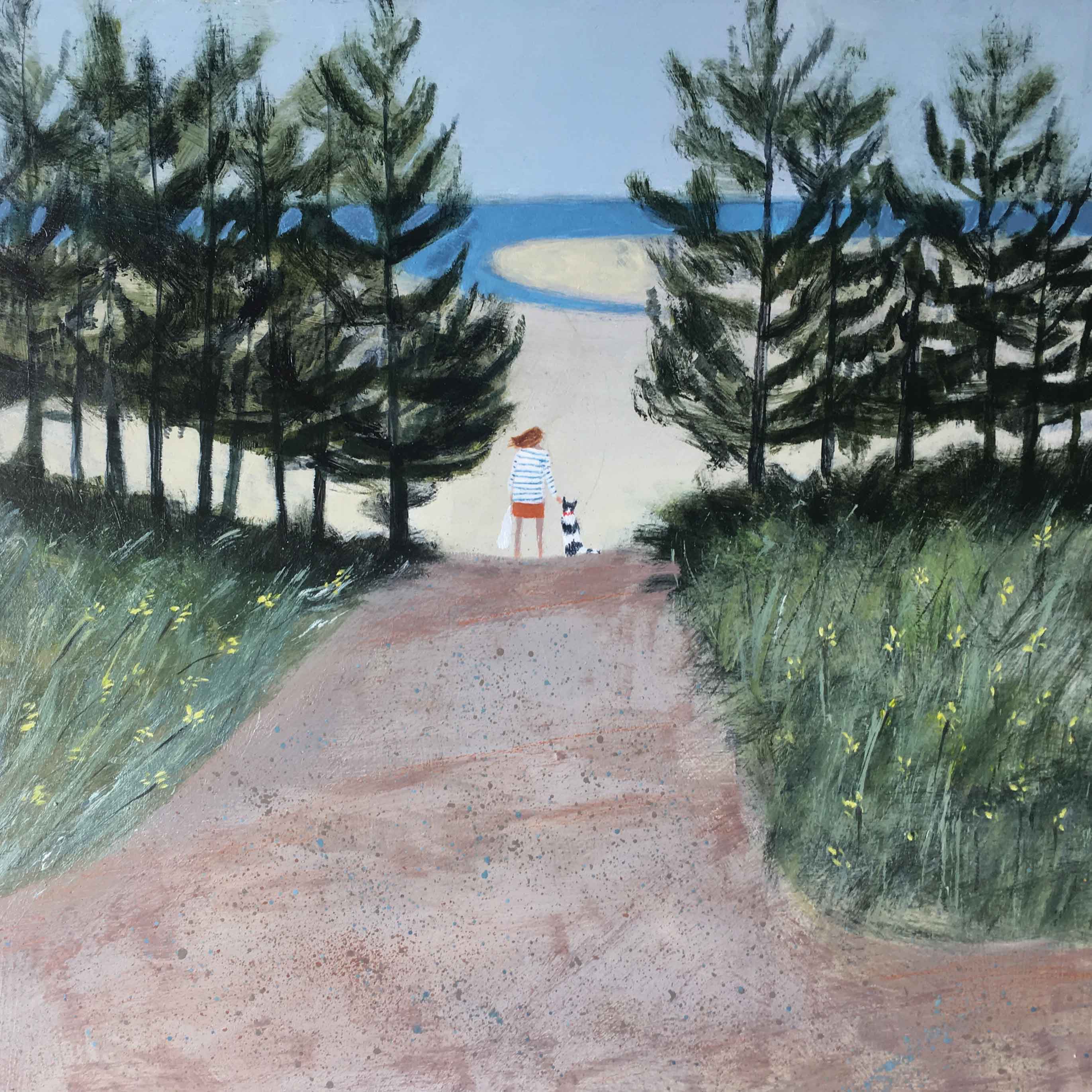 Art greeting card by Barbara Peirson, Arriving at Holkham Beach, acrylic on board, woman and dog arriving on beach through trees