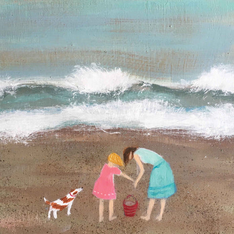 Art greeting card by Barbara Peirson, acrylic, two girls on the beach with a dog and a bucket