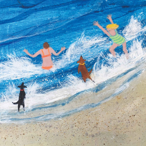 Art greeting card by Barbara Peirson, acrylic, two women and two dogs swimming