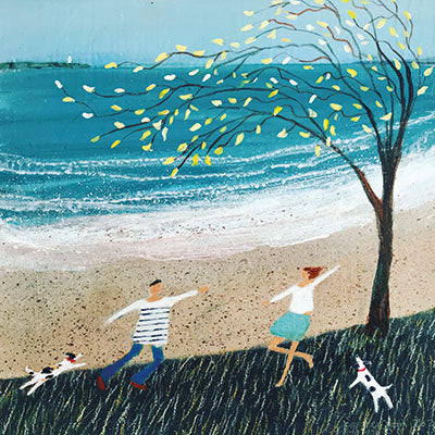Art Greeting Card by Barbara Peirson, Let's Dance, Acrylic painting, man and woman dancing by the sea with two dogs