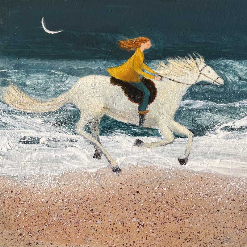 Fine Art Greeting Card by Barbara Peirson, Acrylic painting of woman riding horse along the beach at night