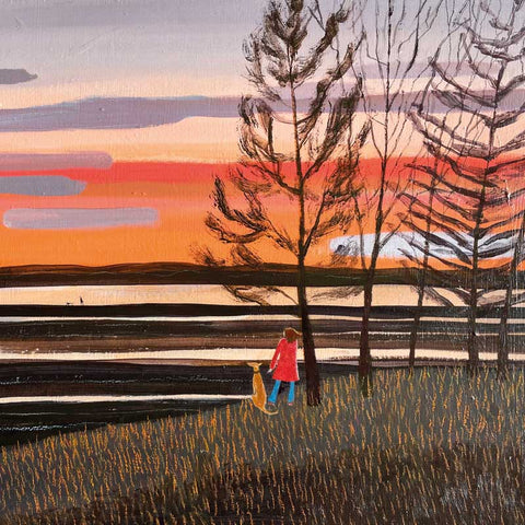 Fine Art Greeting Card by Barbara Peirson, Acrylic painting of woman and dog watching autumn sunset
