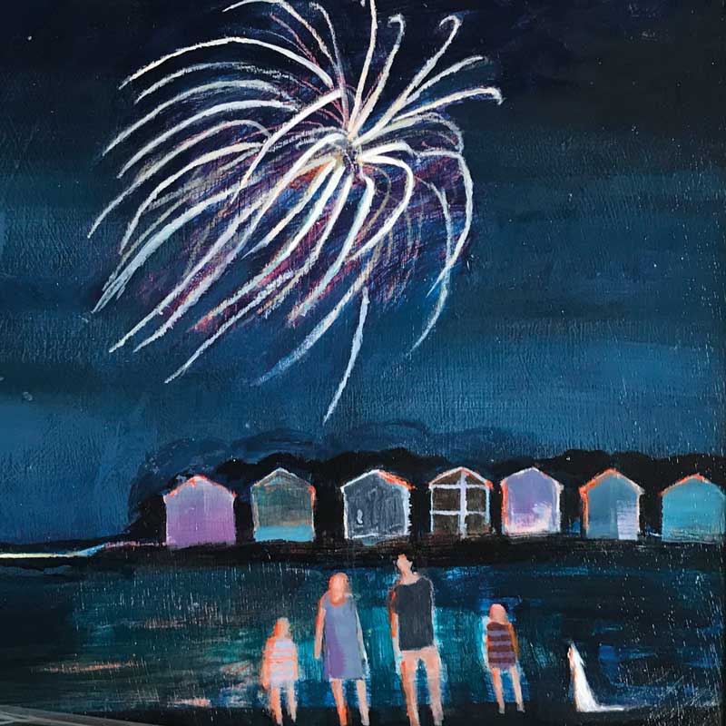 Fine Art Greeting Card by Barbara Peirson, Acrylic painting of family with dog watching fireworks at night by beach huts