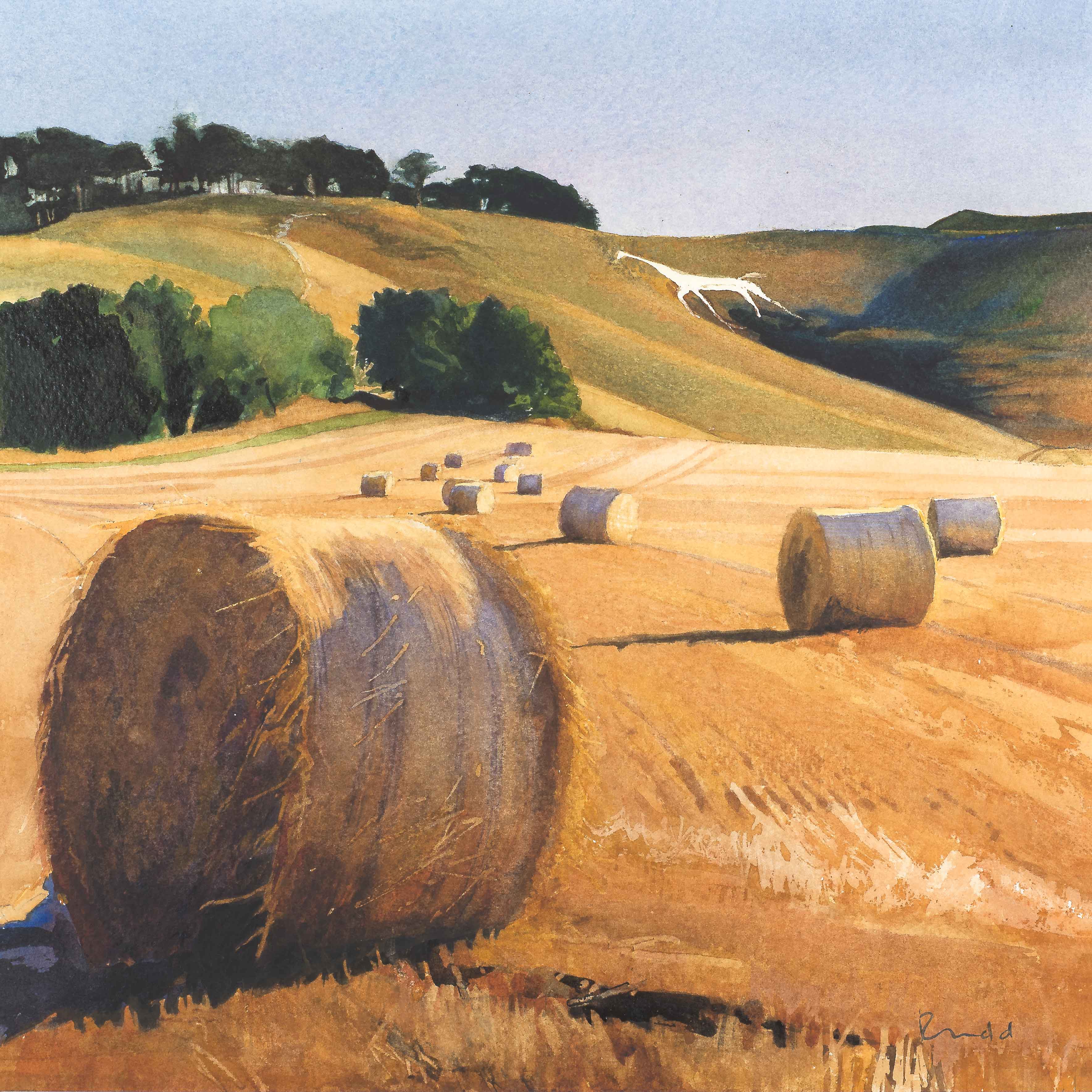 Art greeting card by Bob Rudd, Hay bales in the fields