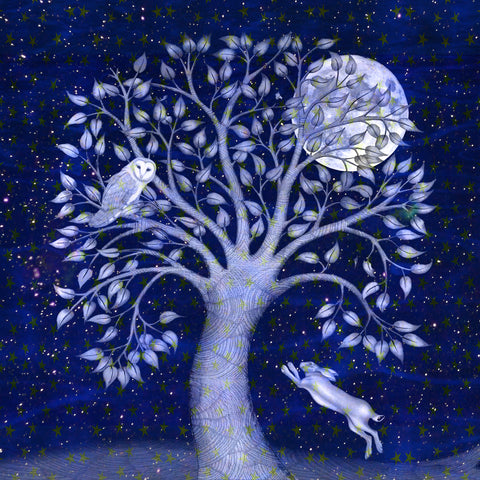 Art greeting card by Kate Green, Blue Winter, Mixed media, tree with owl and moon, hare