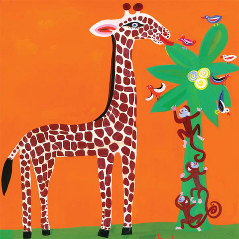 Art Greeting Card, Gouache on Paper, Giraffe and monkeys
