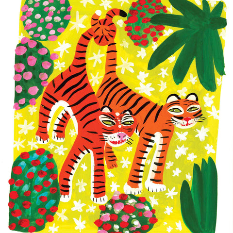 Art Greeting Card by Christopher Corr, Two Tigers, Gouache on Paper, Two tigers hanging from a tree