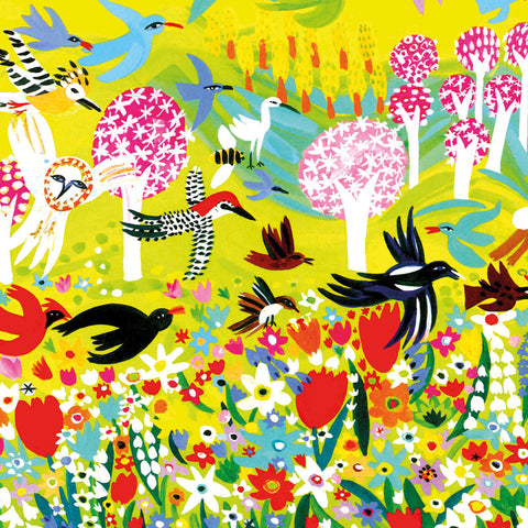 Various types of birds flying among colourful flowers and trees.