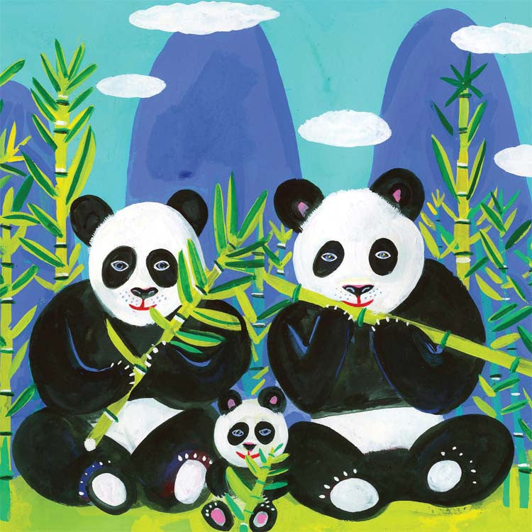 Art Greeting Card, Gouache on Paper, Panda family of three