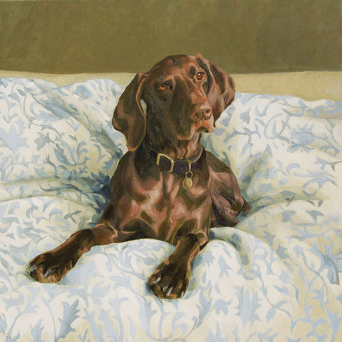 Art greeting card, painting of a brown dog lying on a bed.