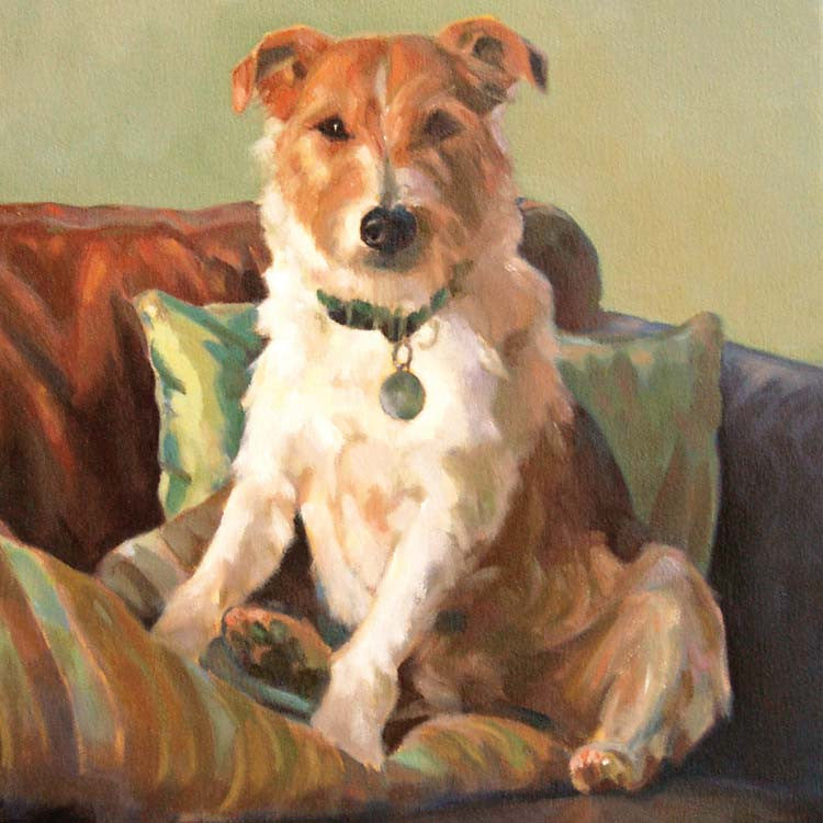Ollie by Claire Eastgate, Fine Art Greeting Card, Oil on Canvas, Jack Russel on cushions