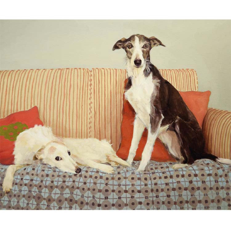 The Shirtfronts by Claire Eastgate, Fine Art Greeting Card, Oil on Canvas, Two lurchers on a sofa