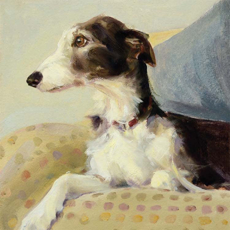 Lurcher on Spots by Claire Eastgate, Fine Art Greeting Card, Oil on Canvas, Lurcher on spotty blanket