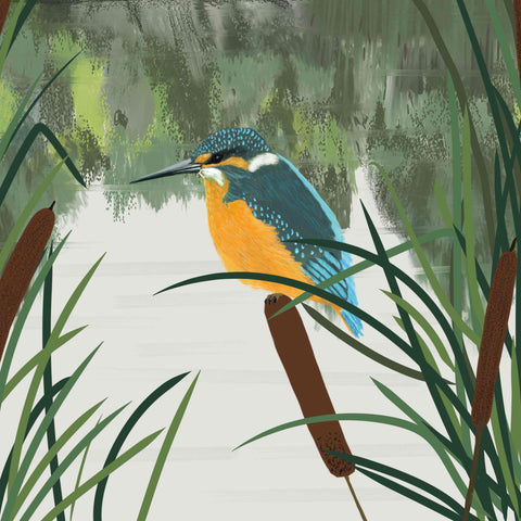 Art Greeting Card by Carla Vize-Martin, Kingfisher and Bullrushes, Digital Painting, Kingfisher on a reed