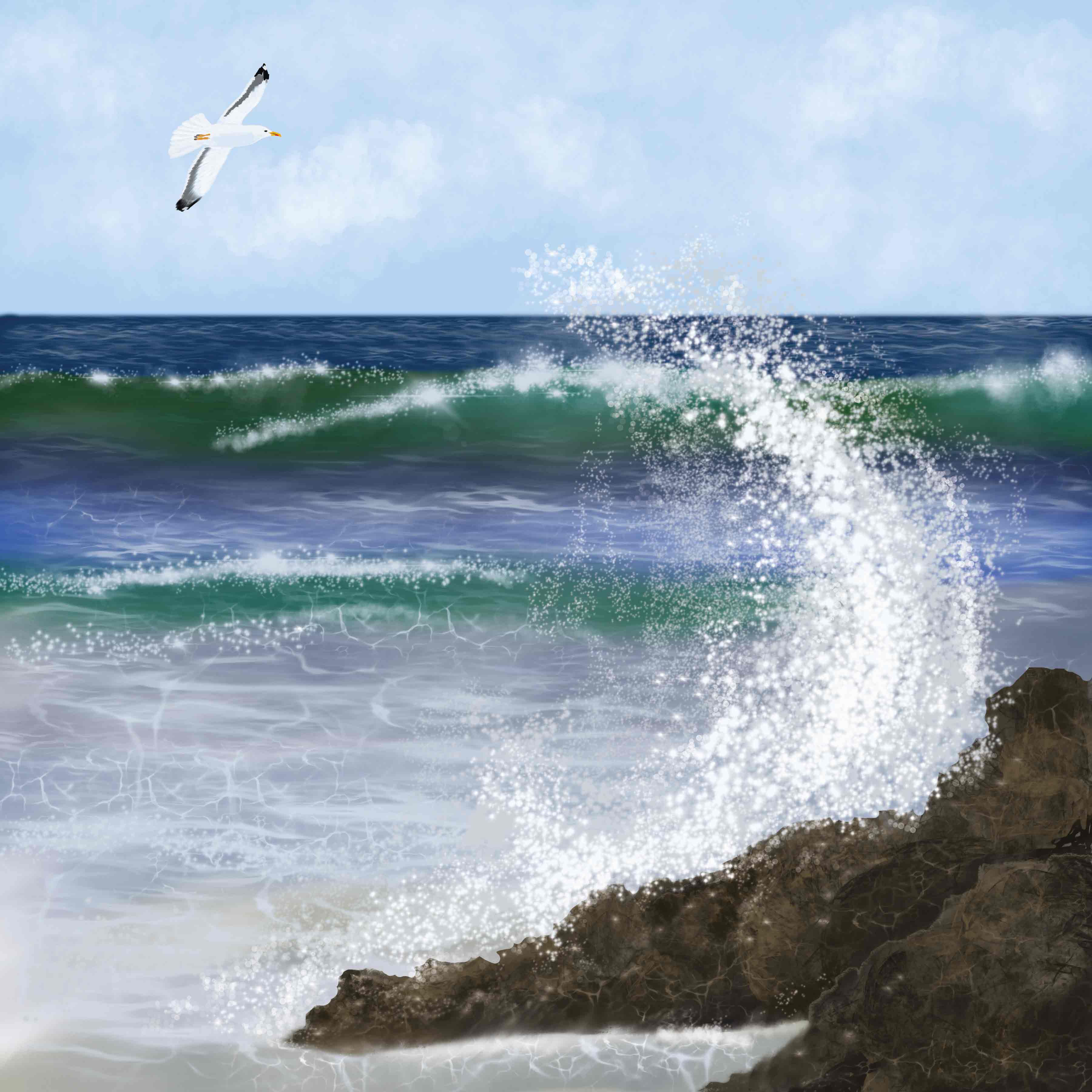 Art Greeting Card by Carla Vize-Martin, Out to Sea, Digital painting, Seagull and waves by the shore