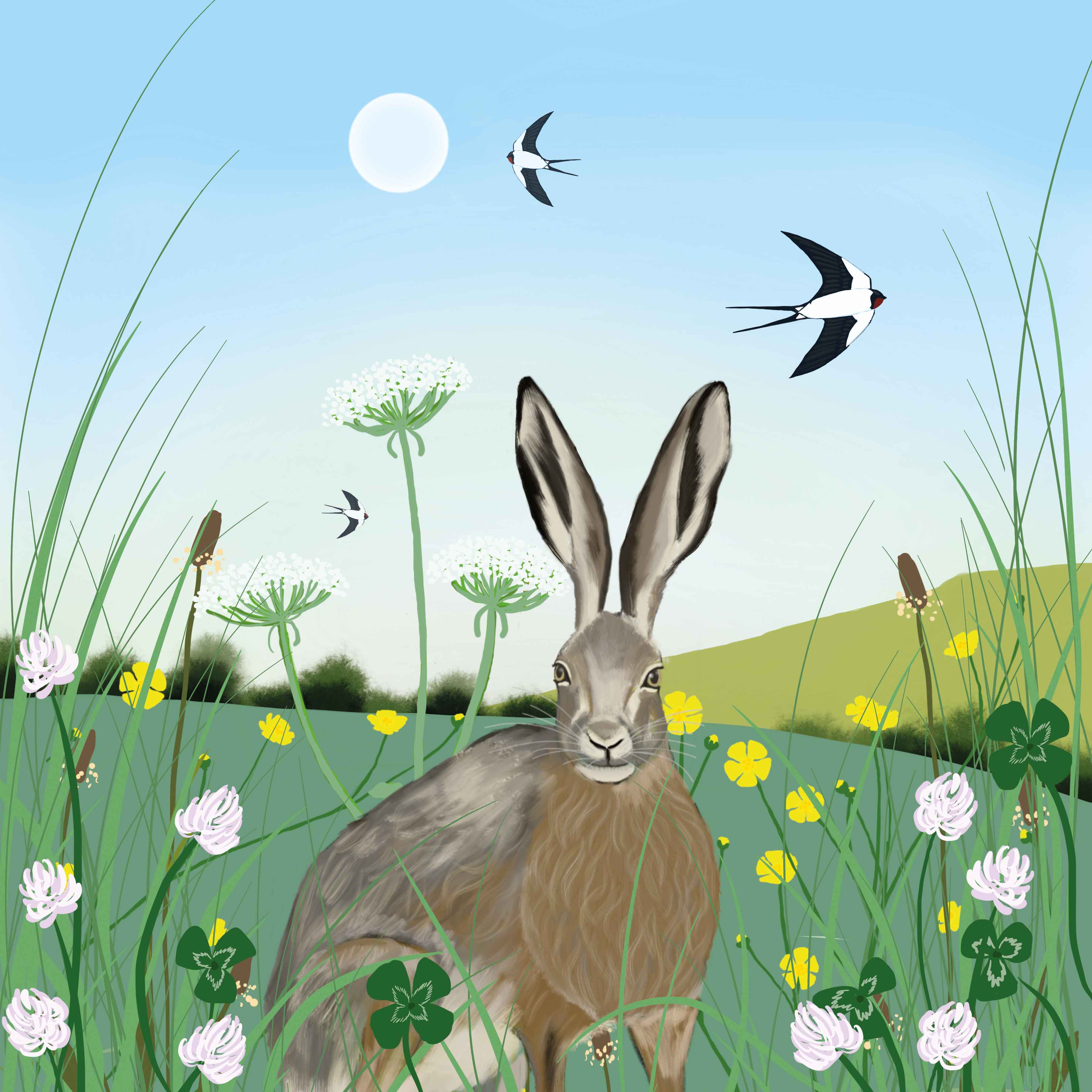 Art greeting card by Carla Vize-Martin, Lucky Clover, digital painting of hare in field with four leaf clover