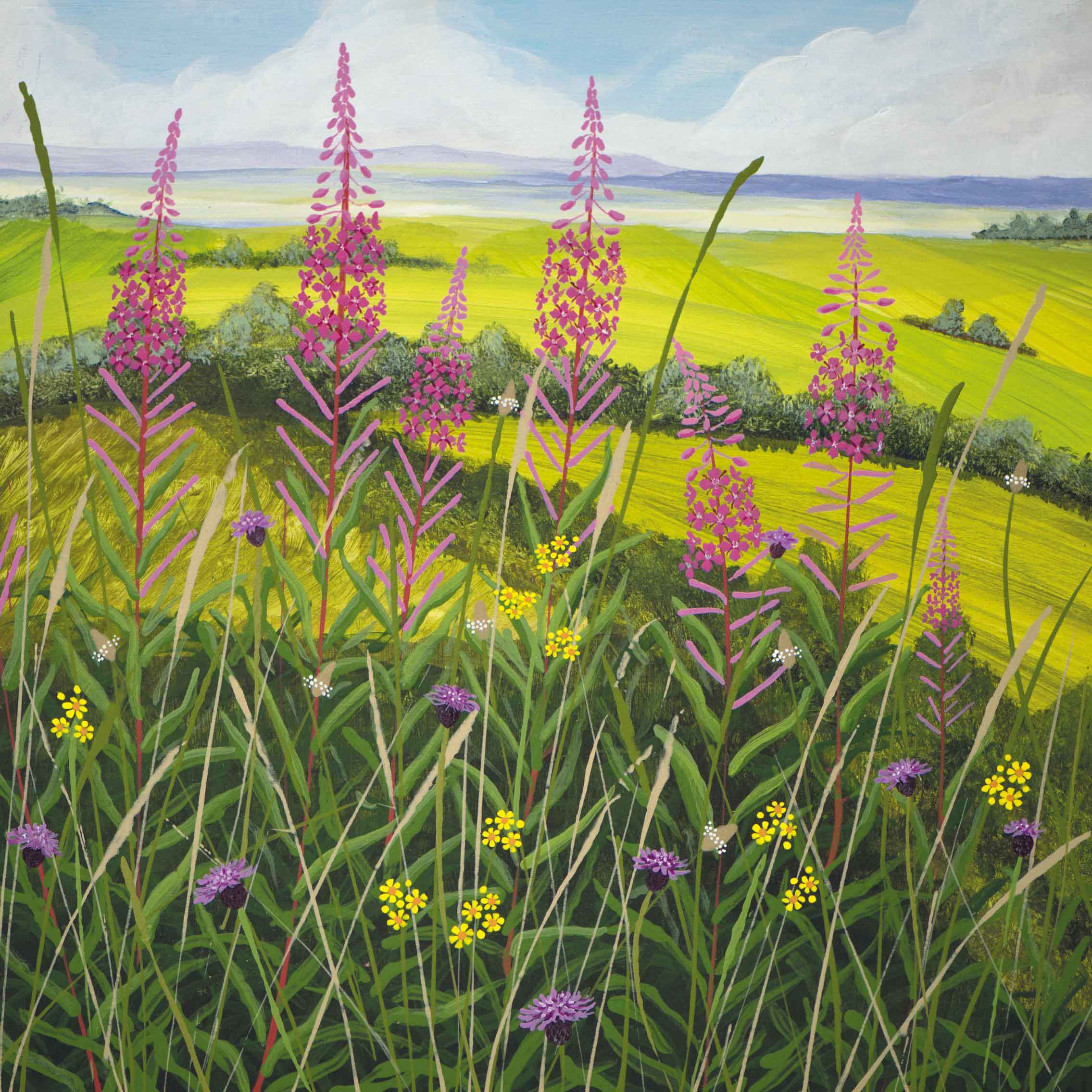 Art greeting card by Carla Vize-Martin, Willow Herb, acrylic on board, landscape with willow herb