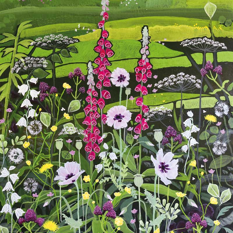 Art Greeting Card by Carla Vize-Martin, Acrylic Painting of meadow with digitalis and other flowers