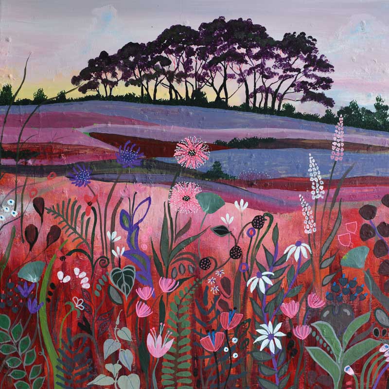 Art Greeting Card by Carla Vize-Martin, Acrylic Painting of meadow with a copse on the hill