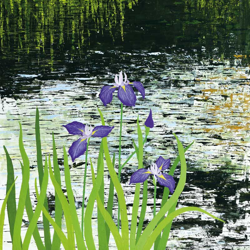 Art Greeting Card by Carla Vize-Martin, Acrylic Painting of irises by the water