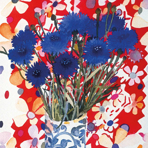 Fine Art Greeting Card, Watercolour and Gouache, Cornflowers in vase
