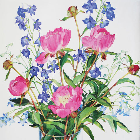 Peonies and Delphiniums by Claire Winteringham, Fine Art Greeting Card, Watercolour and Gouache, Peonies and Delphiniums in vase