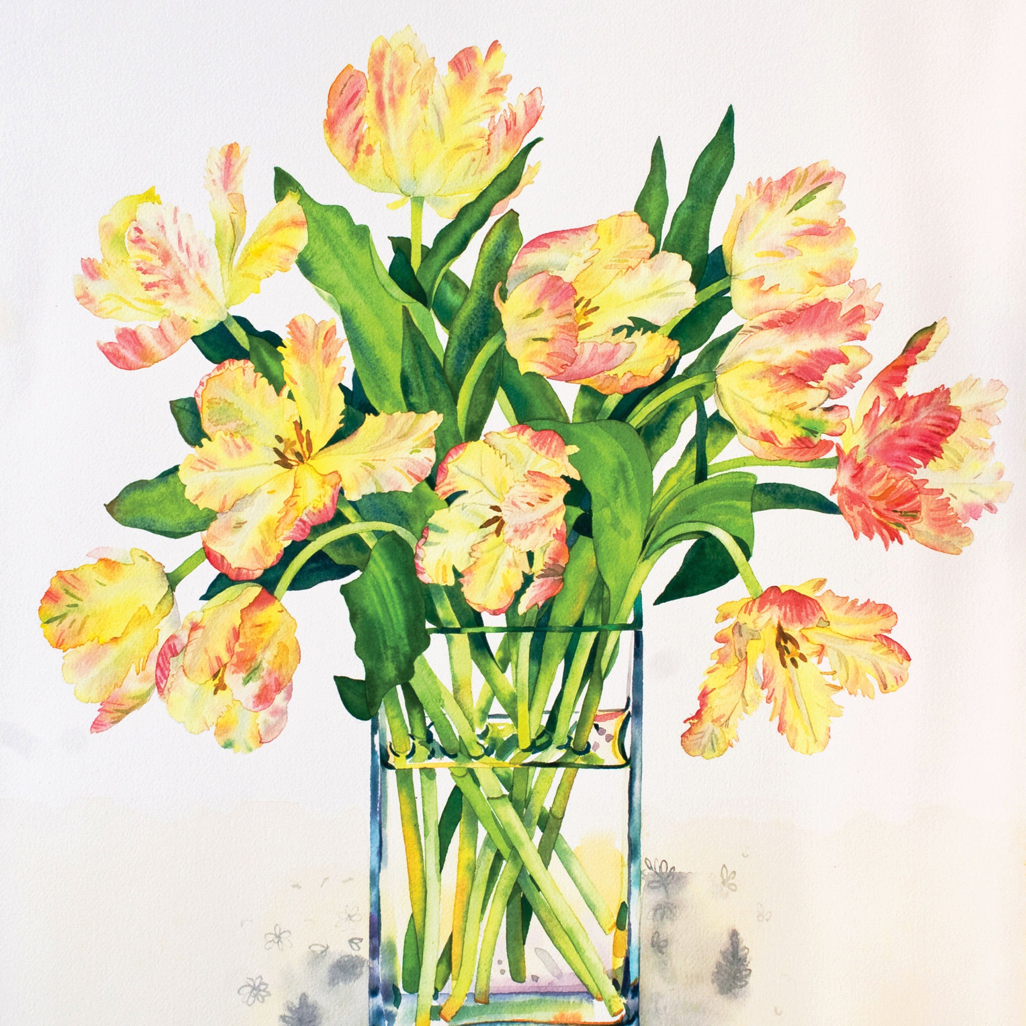 Libretto Tulips by Claire Winteringham, Fine Art Greeting Card, Watercolour and Gouache, Orange Libretto tulips in glass vase