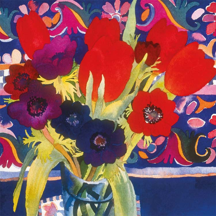 Fine Art Greeting Card, Watercolour and Gouache, Anemones and tulips in vase