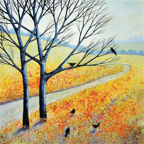 Art greeting card by Deborah Burrow, Acrylic, five blackbirds and path through landscape