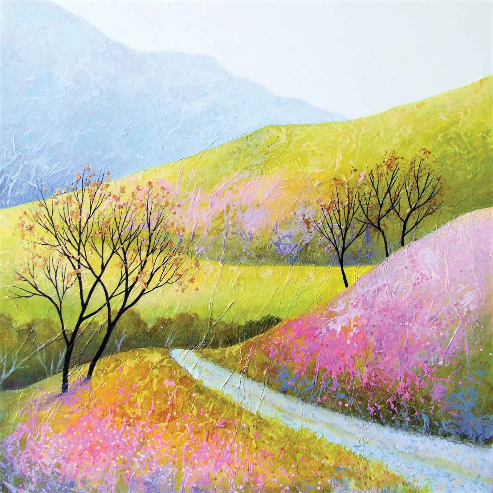 Art greeting card by Deborah Burrow, acrylic, path through spring landscape