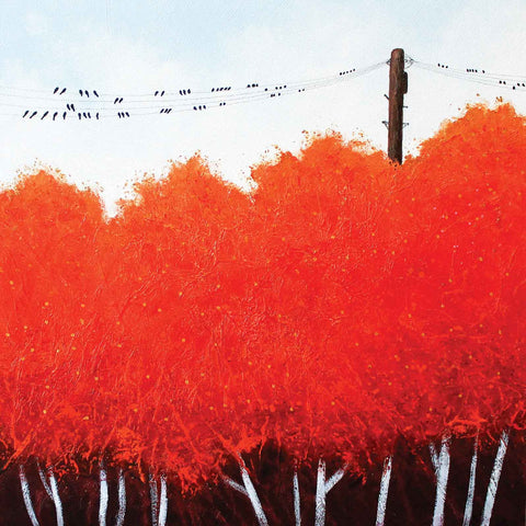 Art greeting card by Deborah Burrow, acrylic, birds on phone lines above orange autumn trees