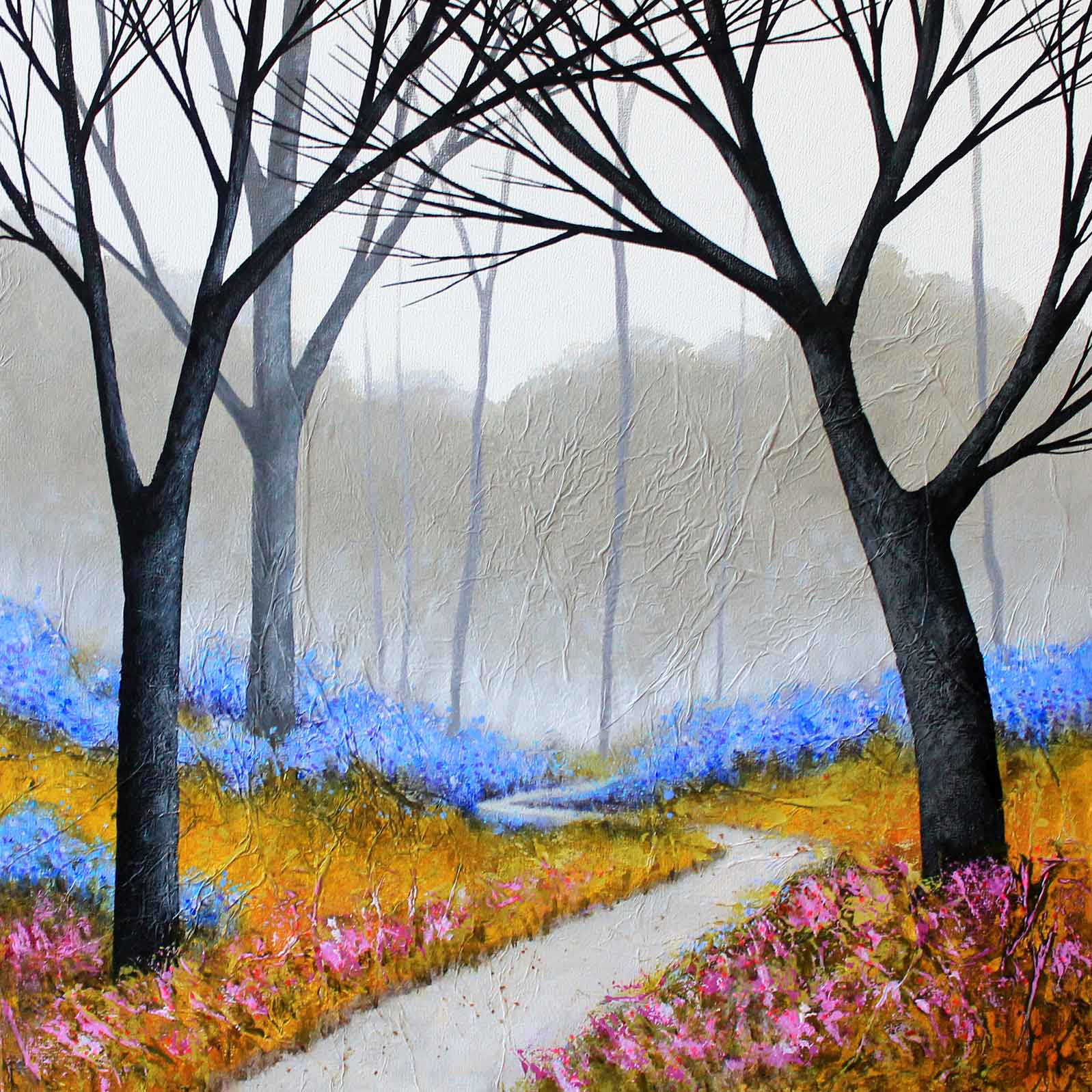Art greeting card by Deborah Burrow, Acrylic, path through bluebell wood