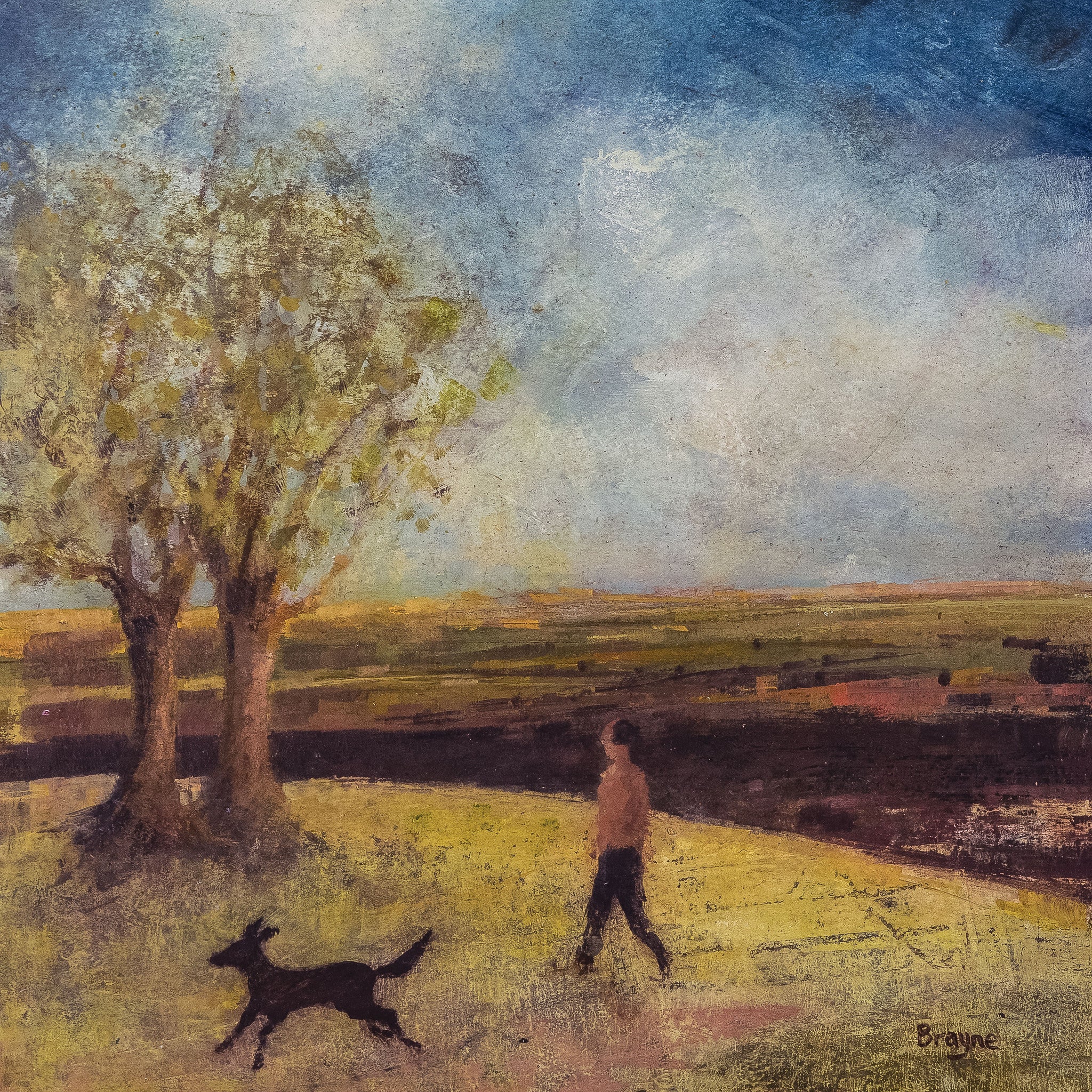 Edge of the Wood by David Brayne, Fine Art Greeting Card, Pigment and Acrylic on Canvas, Landscape with man and dog