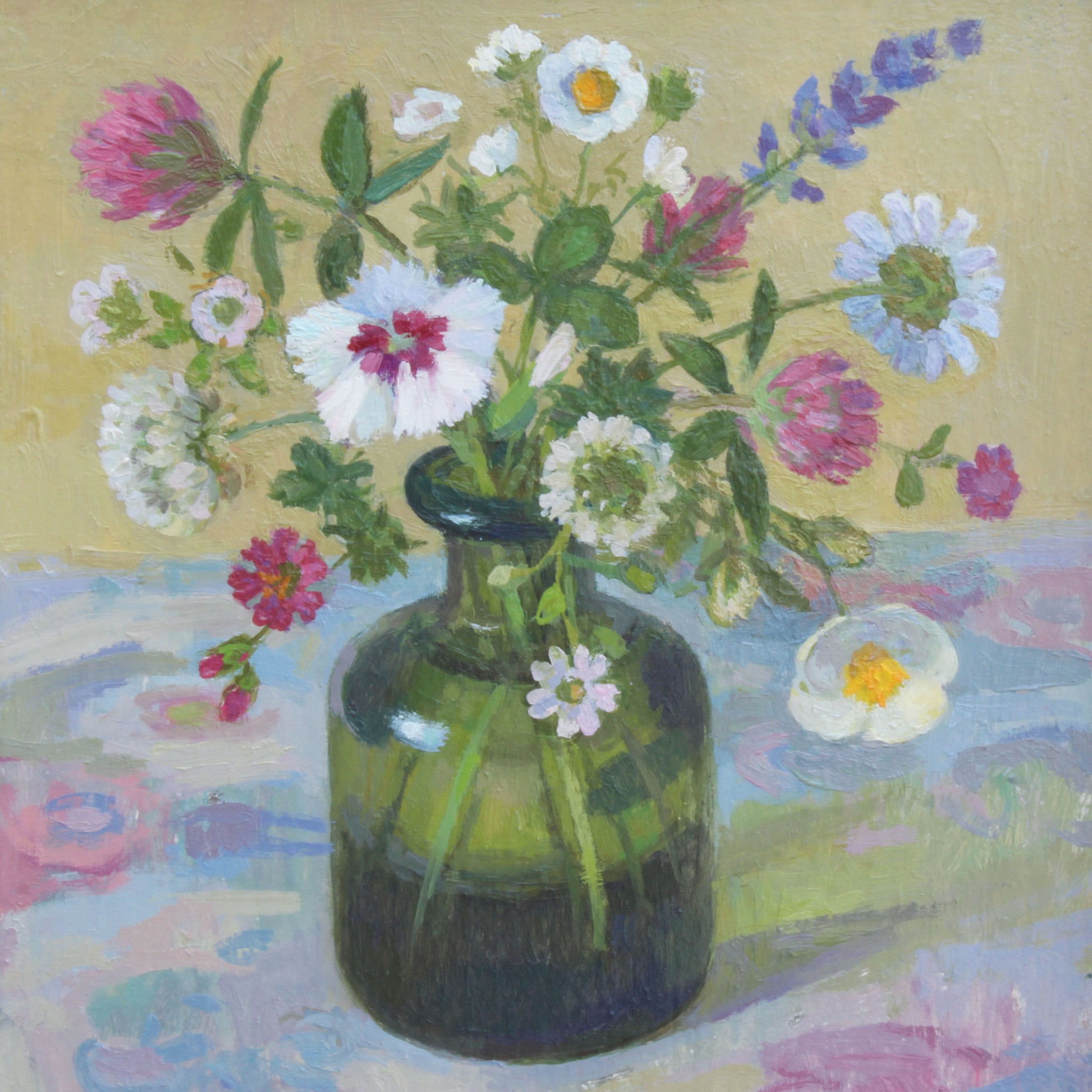 Summer Flowers by Diana Calvert, Fine Art Greeting Card, DRP Award, Oil painting, Green vase with summer flowers