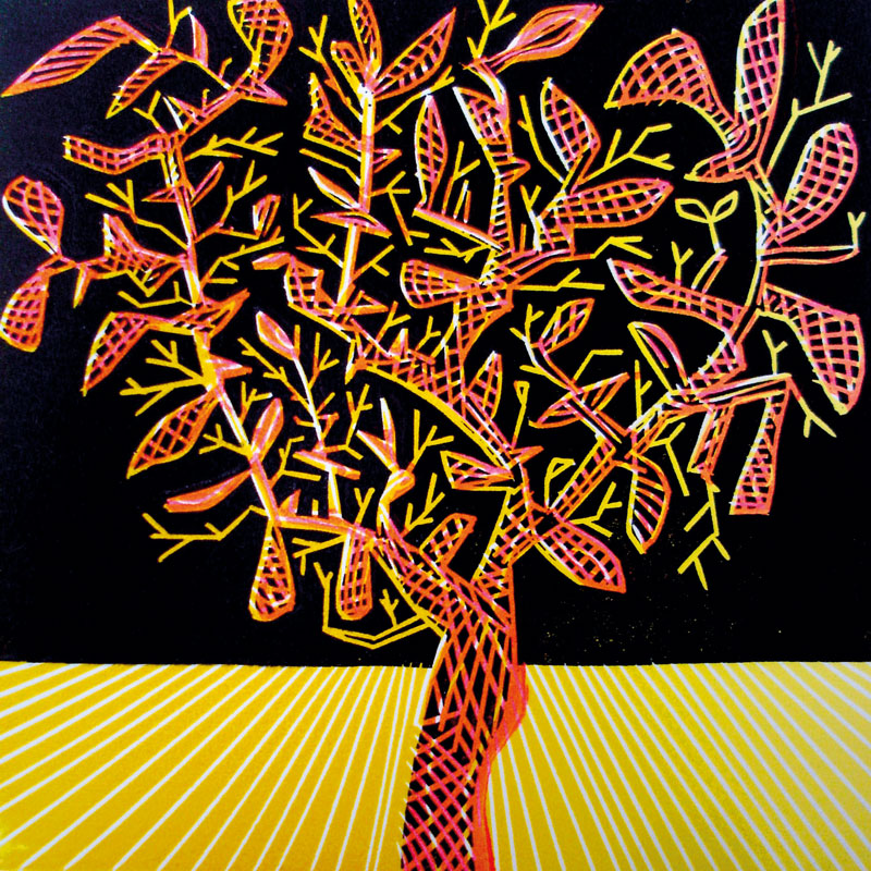 Graphic design red and yellow image of a tree with black background.