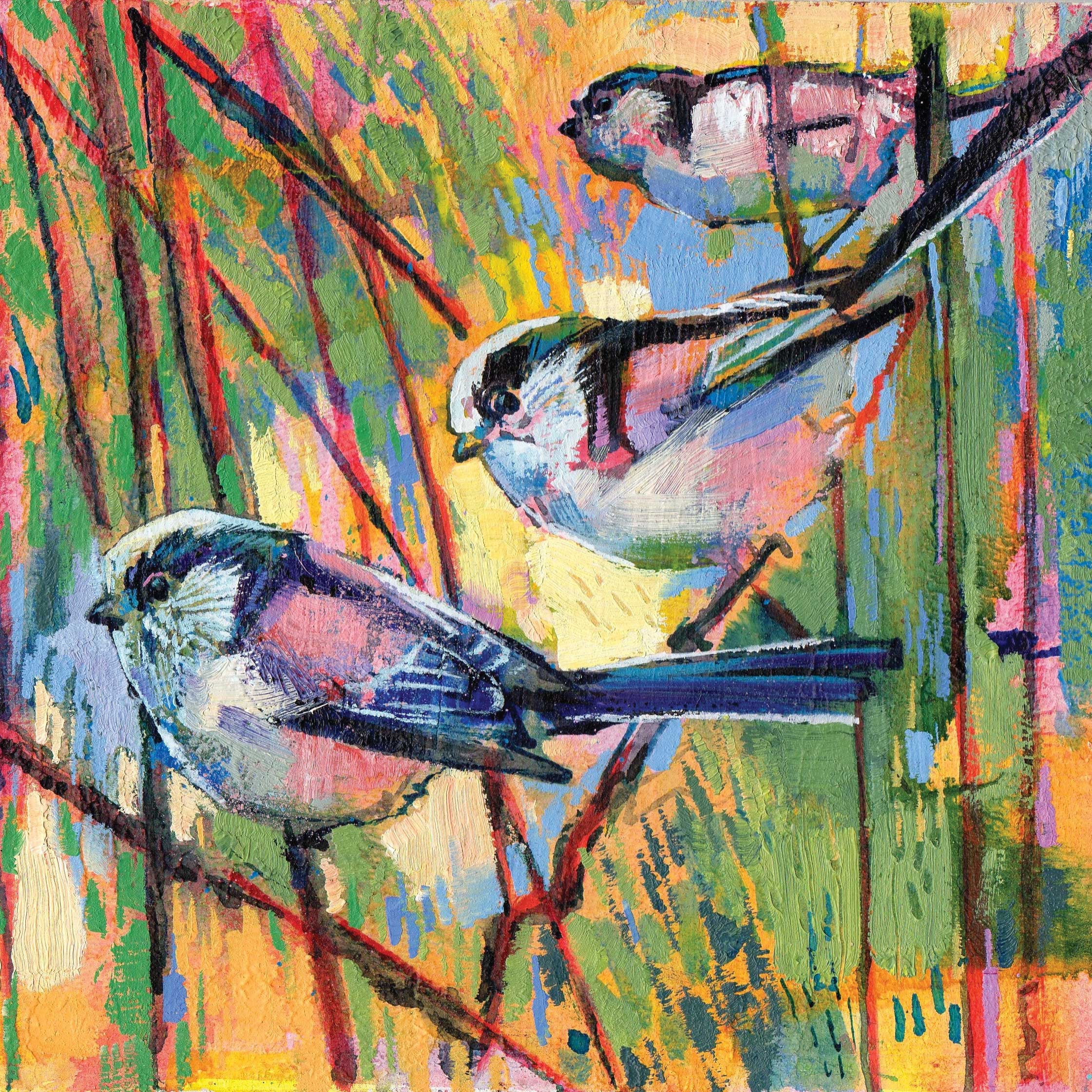 Long Tailed Tits by Daniel Cole, Fine Art Greeting Card, Oil on Board, Three long tailed tits